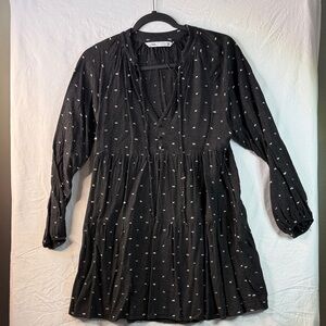 Zara Black Long-Sleeve Tiered Mini Dress with Tiny White Dot Motif